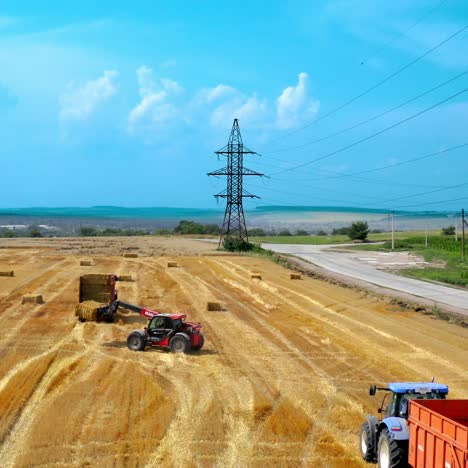 aerial view of tractor collects the hay. piles of hay getting collected by agricultural machines in haystack