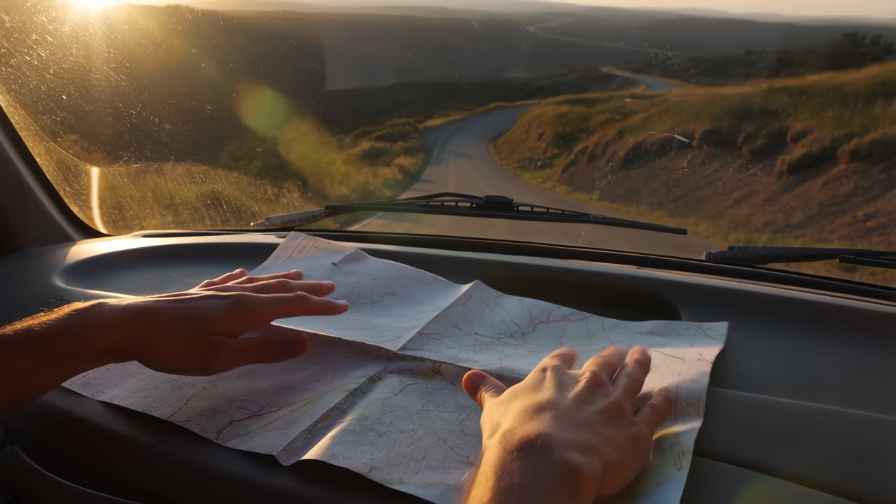 Hands navigating a map on a car dashboard during a sunset road trip