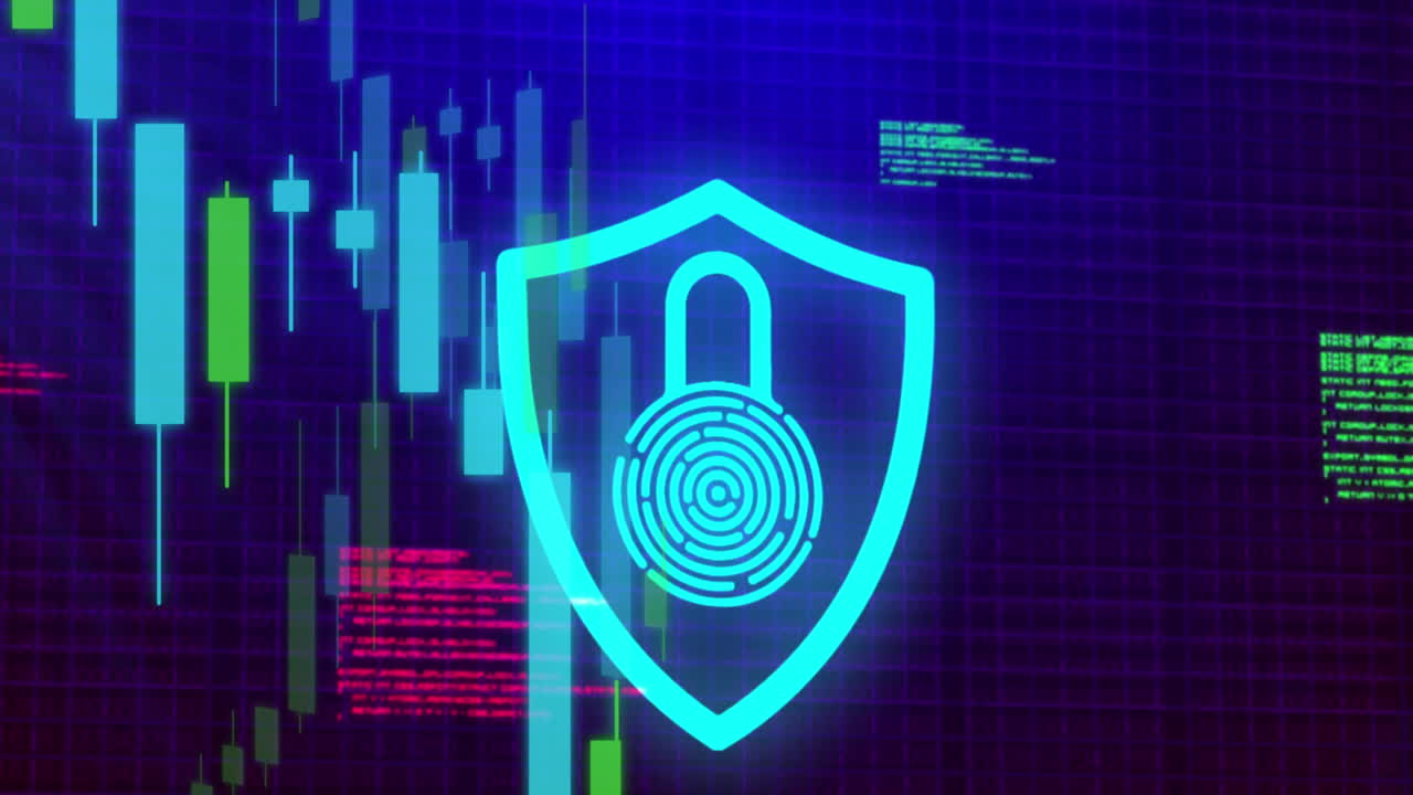 animación del icono del candado sobre el procesamiento de datos sobre fondo azul