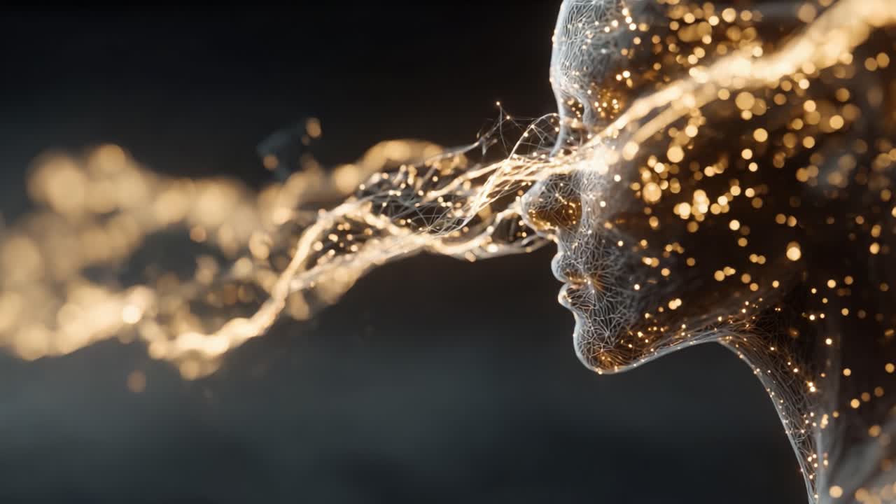 Eine faszinierende visuelle Darstellung einer menschlichen Figur, verwoben mit ätherischem Licht und filigranen Partikeln, die ein Gefühl von Staunen und Vorstellungskraft ausstrahlt.