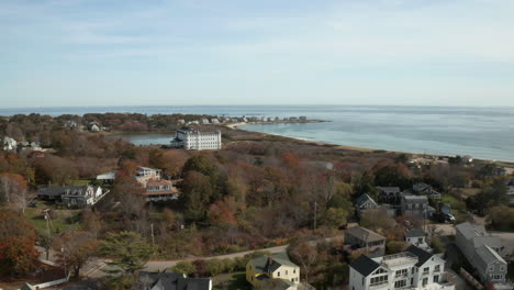 drone shot of town of atlantic coastline, biddeford pool, maine