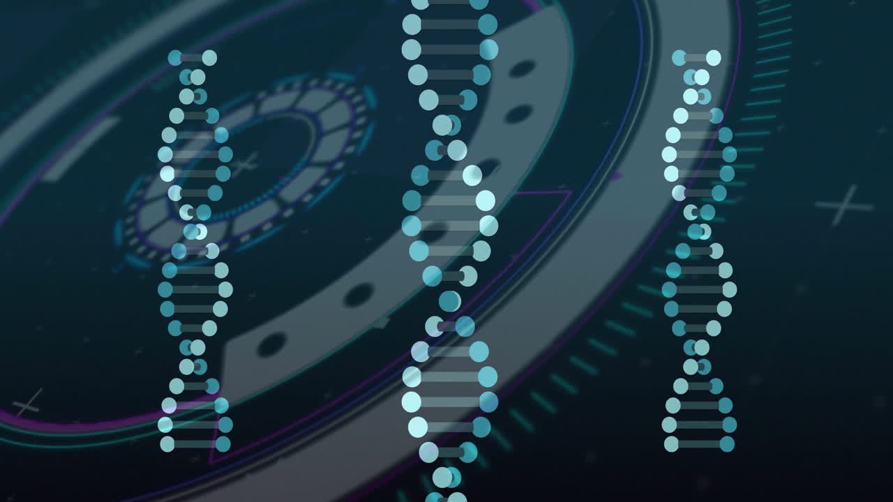 Futuristic DNA helix icons being animated in abstract UI, with glowing teal concentric rings