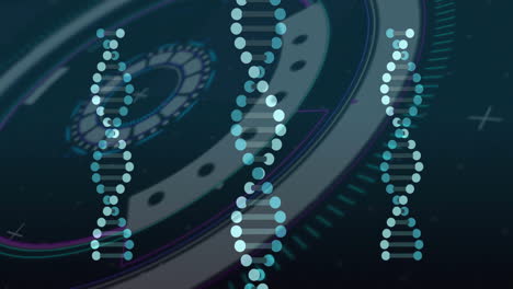 Futuristic DNA helix icons being animated in abstract UI, with glowing teal concentric rings