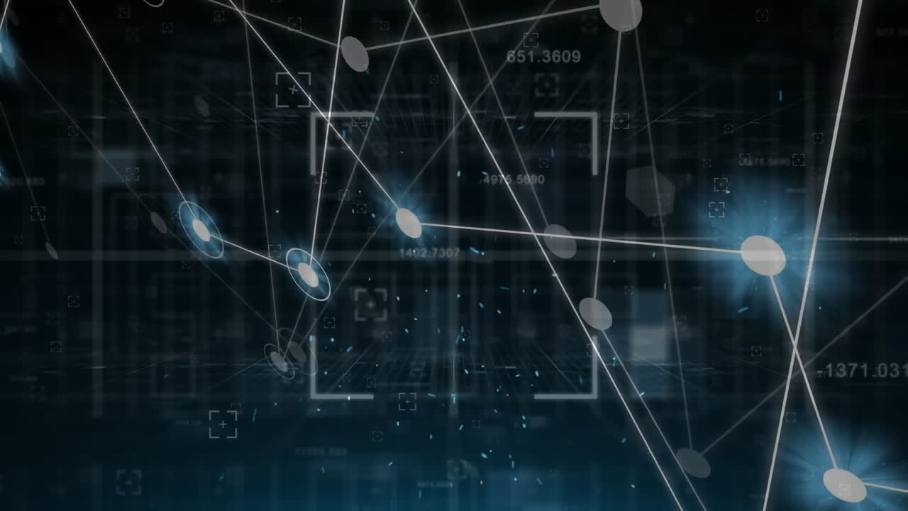 Animation of viewfinders, changing numbers and connected dots over black background