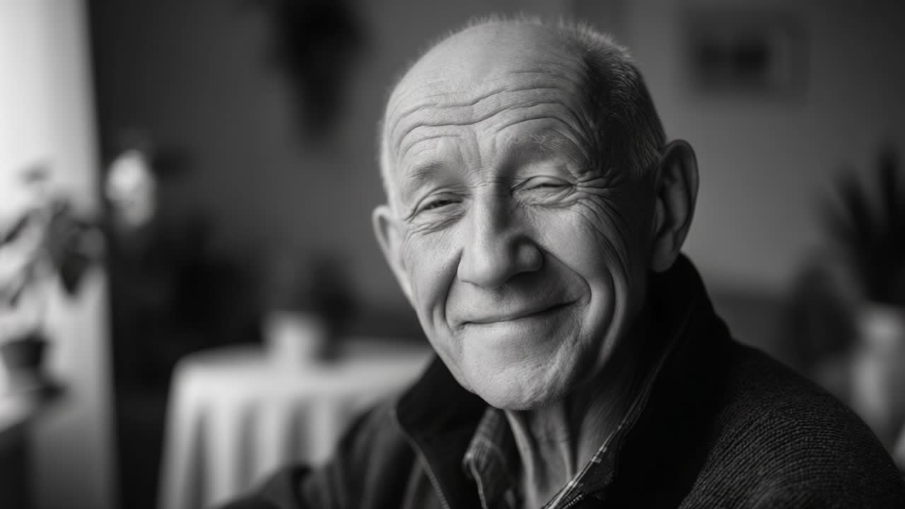 Un retrato cautivador de un anciano sonriente en un acogedor entorno interior, que irradia calidez y sabiduría con una sonrisa encantadora y una expresión cautivadora.