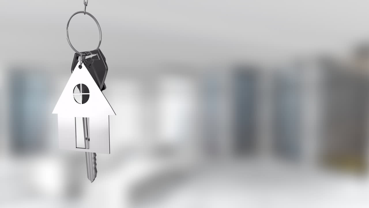 animación de llavero en forma de casa sobre un fondo interior moderno borroso