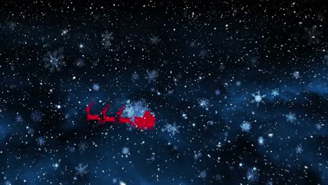 animation of snow falling over santa claus in sleigh on black backrgound