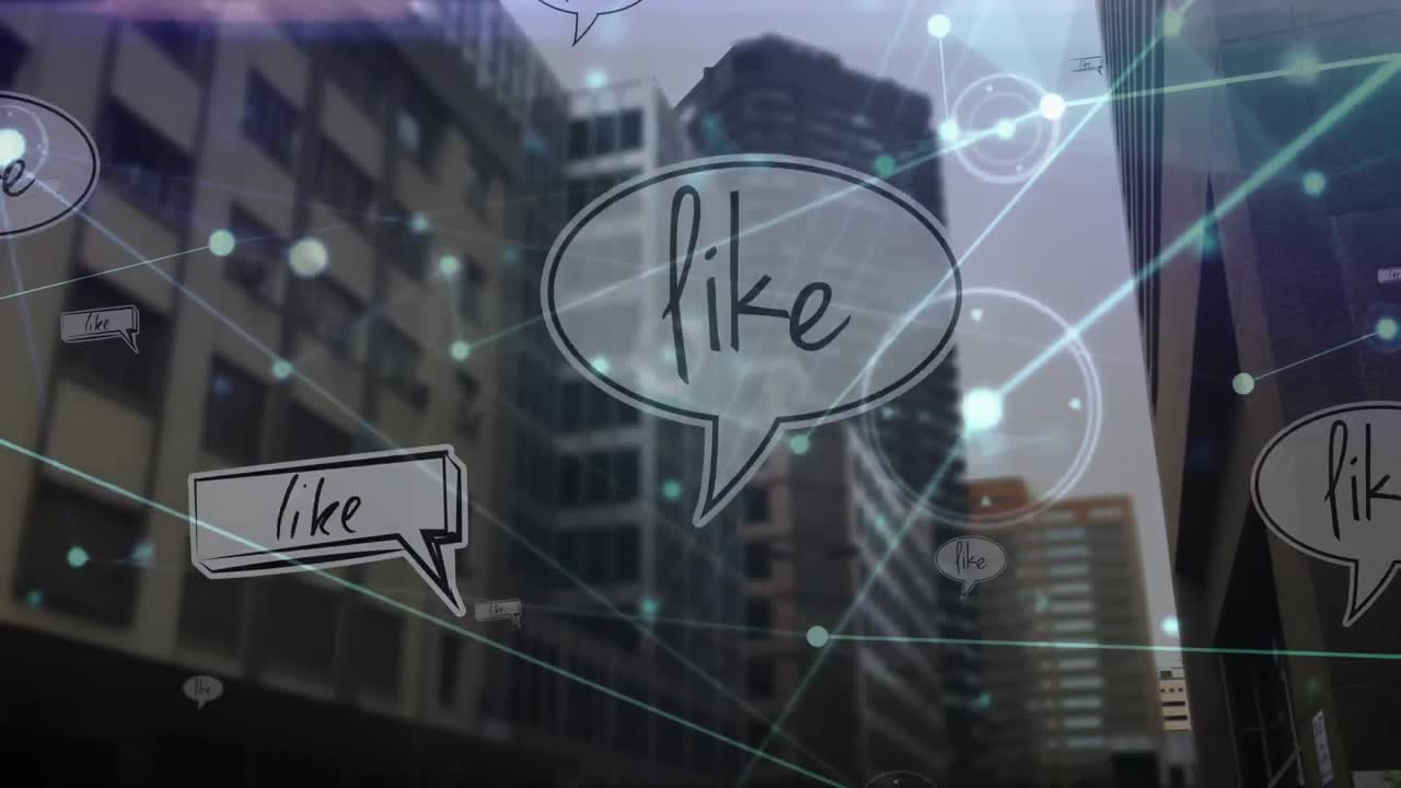 도시 풍경에 대한 비슷한 텍스트와 연결된 네트워크의 애니메이션