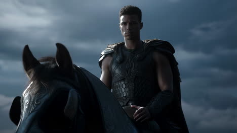 warrior on horseback against a dramatic sky