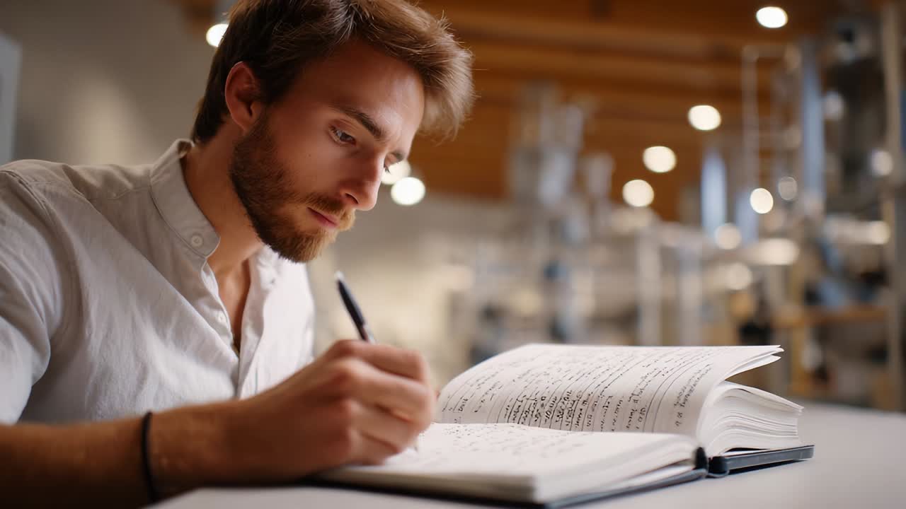 Focused Young Man Engaged in Writing Notes in a Notebook, Captured in a Modern Study Environment with Warm Lighting, Showcasing Concentration and Dedication to Learning and Creativity