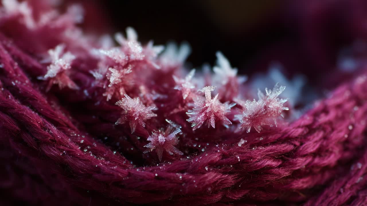 A Close-Up Exploration of Frosty Crystals on a Textured Fabric Background, Showcasing the Intricate Beauty of Nature's Ice Patterns in a Cozy Setting