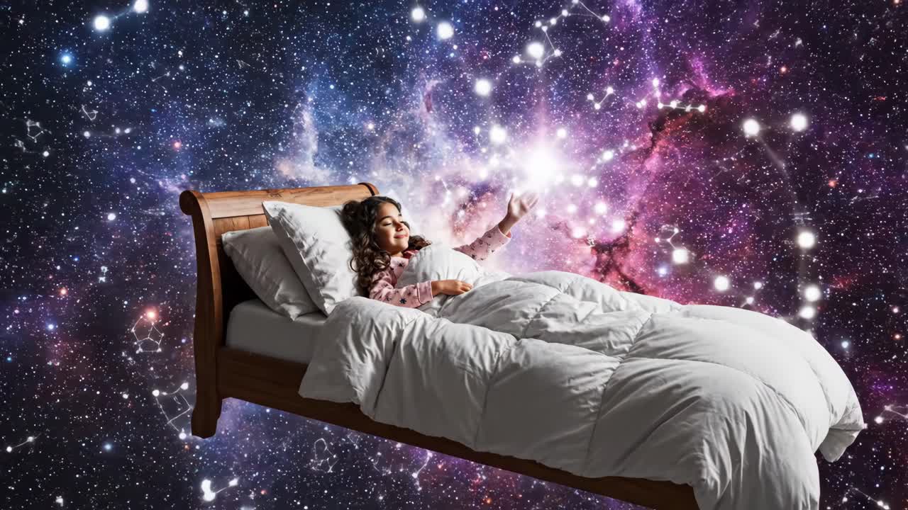 A child dreaming of galaxies in bed