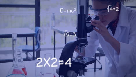animación de procesamiento de datos científicos sobre una científica caucásica con un microscopio
