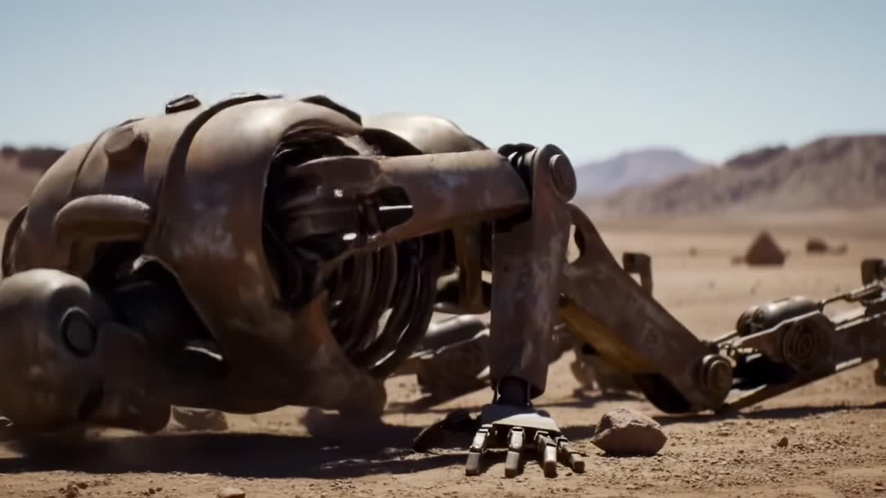 Un robot deteriorato cerca faticosamente di rialzarsi nel deserto in una distopia futuristica, evidenziando i temi della resilienza e del passare del tempo in un ambiente ostile