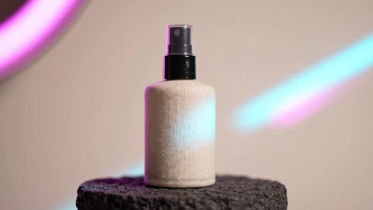 Elegante flacone spray su superficie testurizzata circondato da luci soffuse e brillanti in un ambiente minimalista che evidenzia estetica moderna ed elementi di design