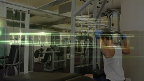 animation of data processing with dna strand over caucasian man exercising on gym