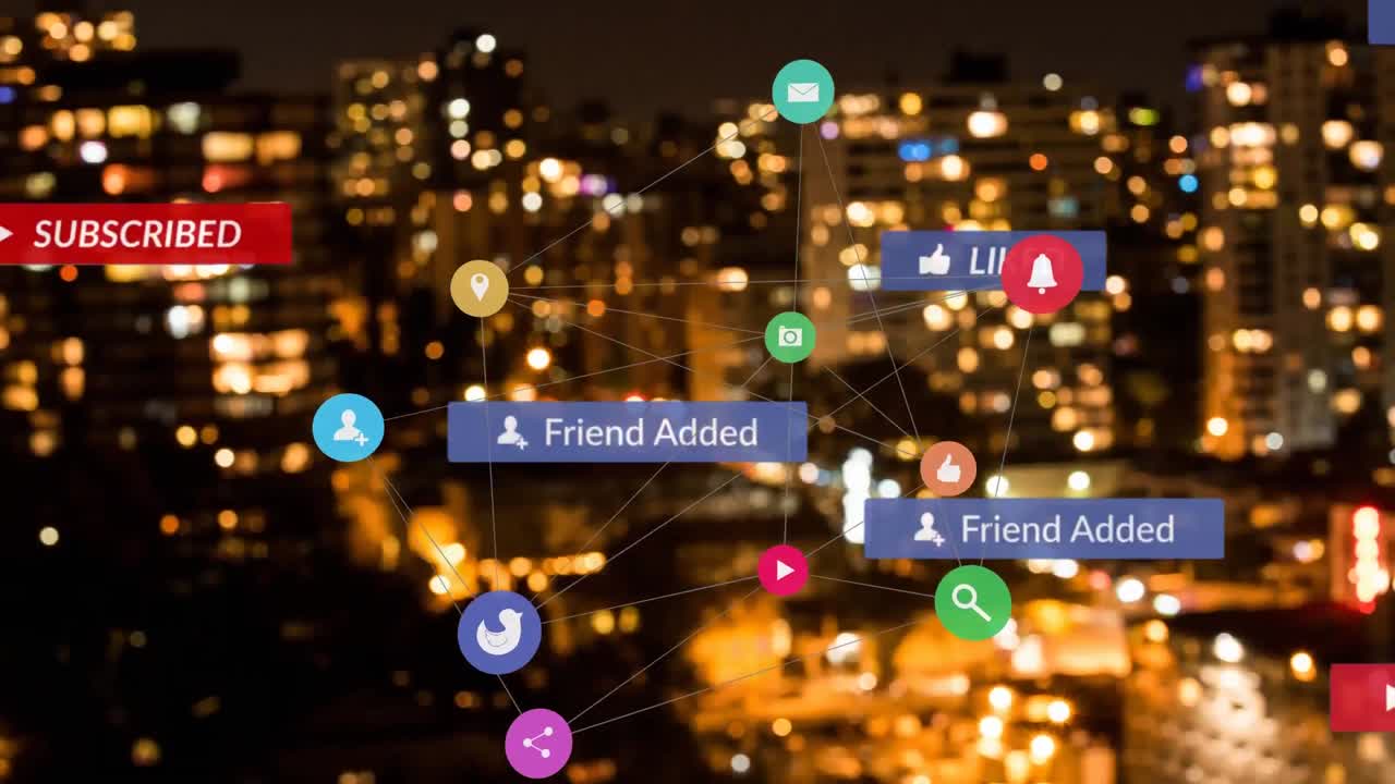 도시 풍경 위에 떨어지는 소셜 미디어 아이콘과 이모티콘의 애니메이션