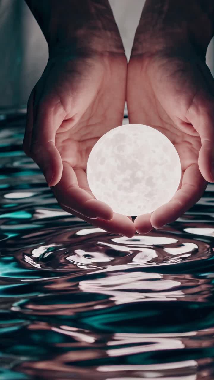 Un primo piano, ripresa dall'alto di mani che tengono una sfera luminosa sopra acqua increspata, creando un'atmosfera mistica.