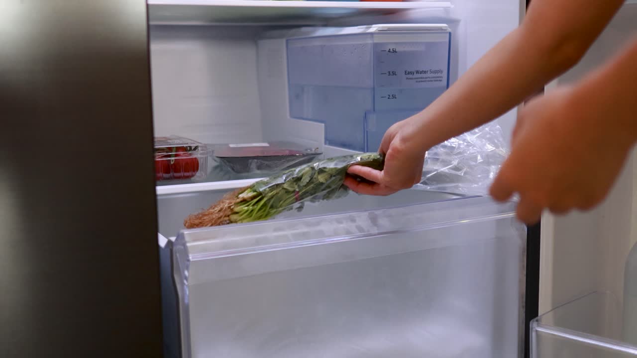 A person places vegetables inside a refrigerator, showcasing organized storage. Bright lighting highlights the clean, modern kitchen environment