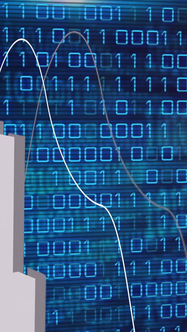 Animazione di codice binario ed elaborazione di dati finanziari su sfondo scuro