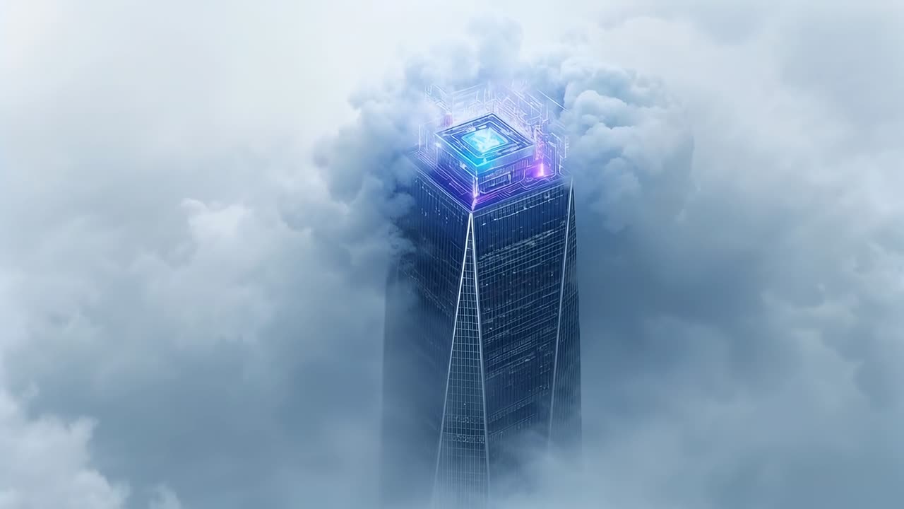 Onthullende luchtfoto van een wolkenkrabber die door de wolken priemt, met een dakmodule die een halo aandrijft en pulseert