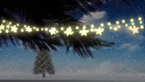 Animation-of-christmas-fairy-lights-and-snow-falling-over-winter-landscape