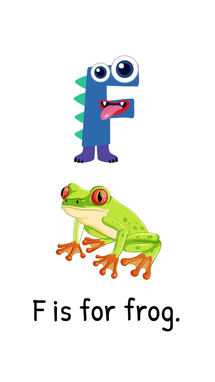 Legesyg animation, der forvandler bogstavet F til en frøkarakter, kombinerer levende farver og finurligt design.