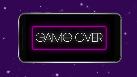 animación digital del juego sobre texto en marco de neón rectangular contra partículas brillantes en fondo azul
