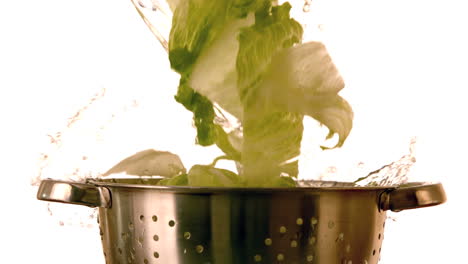 lettuce and water falling into colander