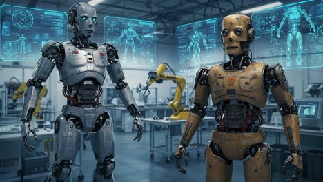 two advanced robots engage in communication with high-tech interfaces in a futuristic robotics workshop, showcasing interactivity and innovation