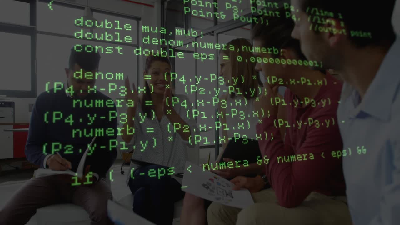 Équipe commerciale examinant des diagrammes dans un salon, des notes déclenchant une superposition de code illustrant le flux de données