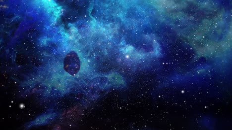las nubes nebulosas son azules y varias rocas de asteroides residen en el vasto universo
