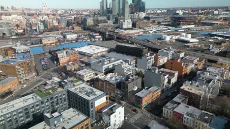 pan up reveals long island city skyline on beautiful day in new york