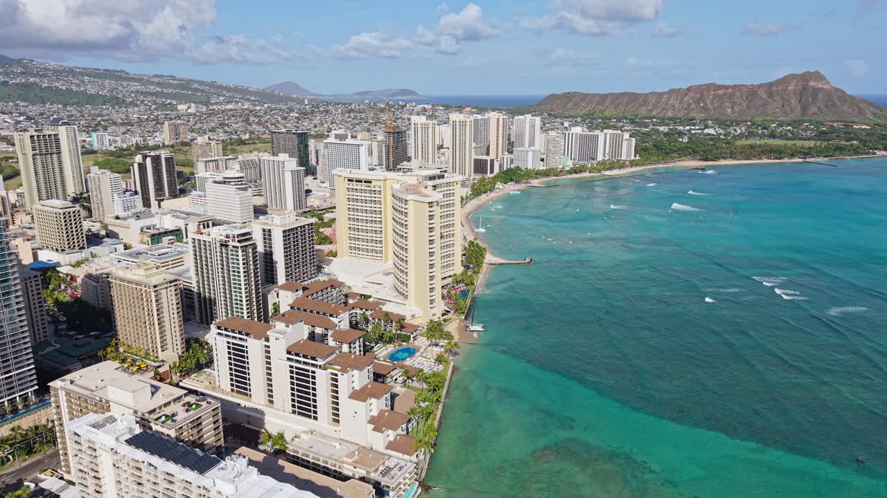 Aerial View of Honolulu, Hawaii USA. Hotels and Apartment Buildings on Waikiki Beach With Diamond Head in Background