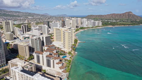 aerial view of honolulu, hawaii usa. hotels and apartment buildings on waikiki beach with diamond head in background