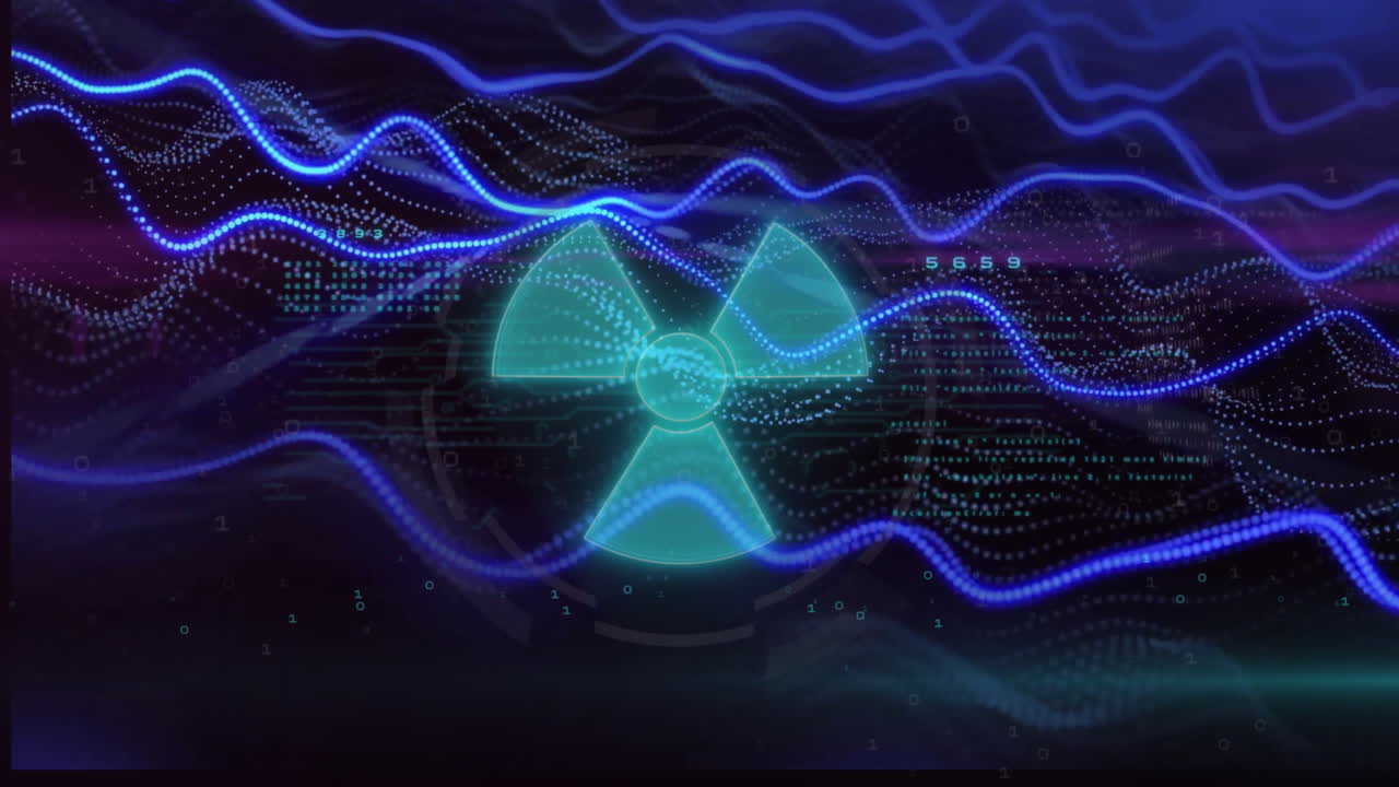 Animation of data processing with nuclear symbol over light trails on black background