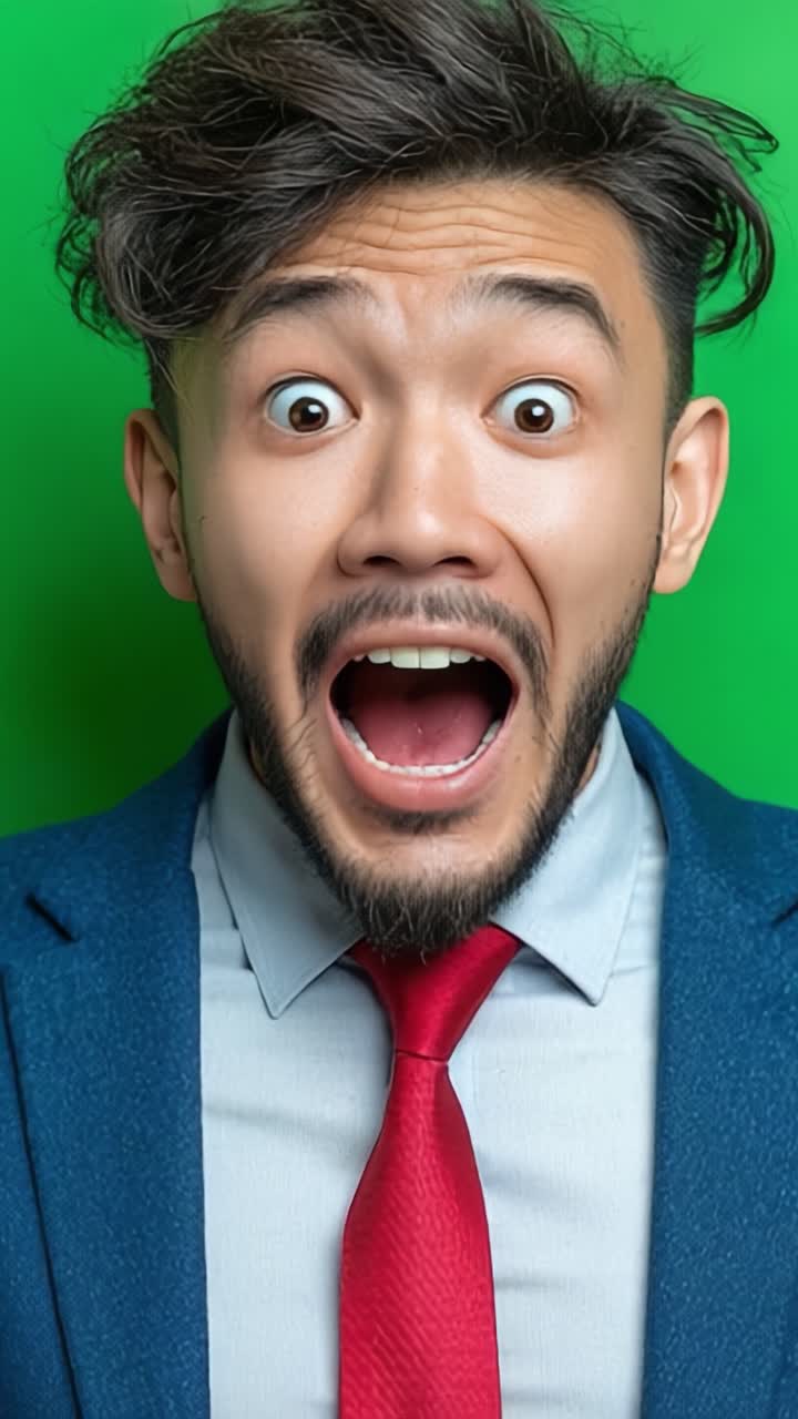 Surprised Man Expressing Astonishment with Open Mouth and Wide Eyes, Captured Against a Bright Green Background in a Beautiful Professional Suit and Tie Reflecting Genuine Emotion