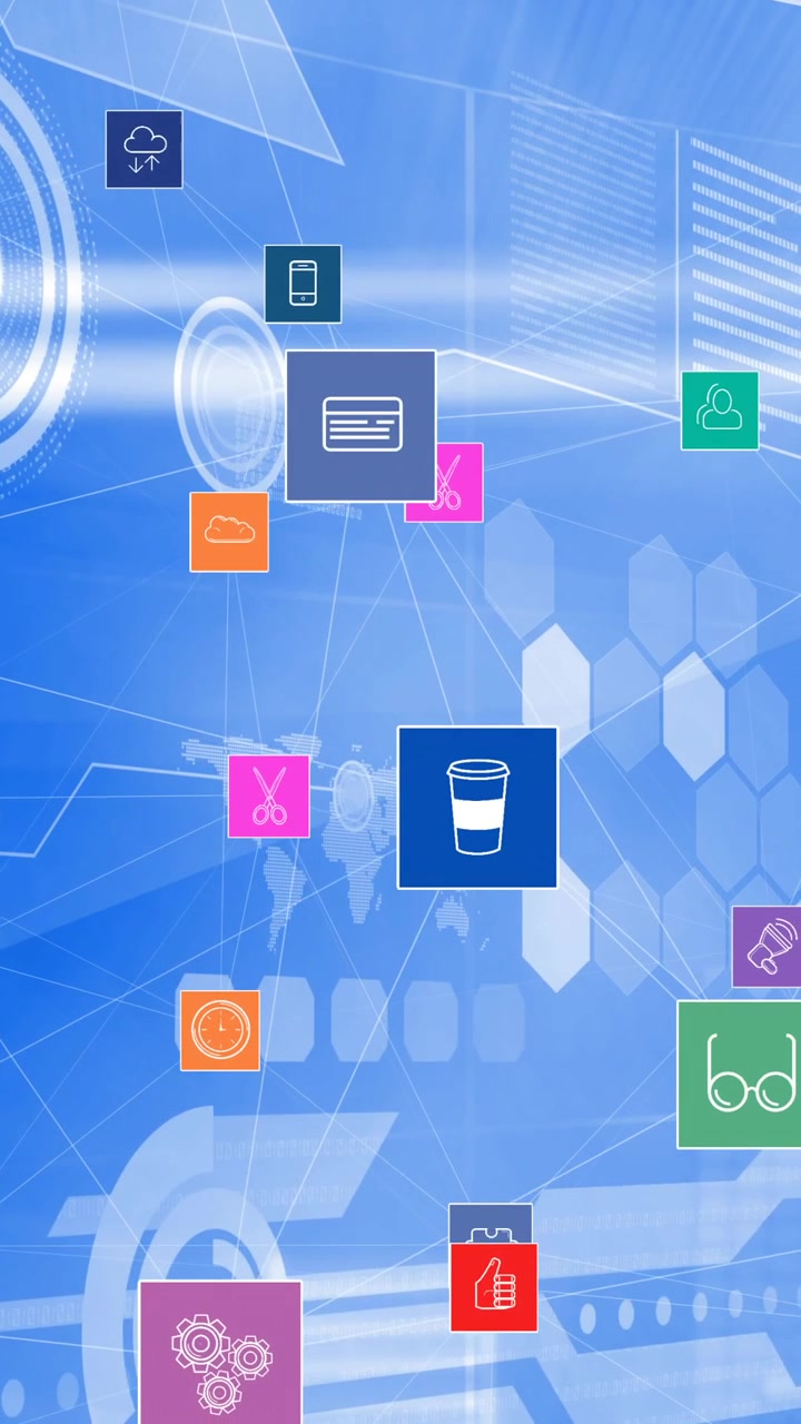 Animation of network of connections with digital icons over data processing in background