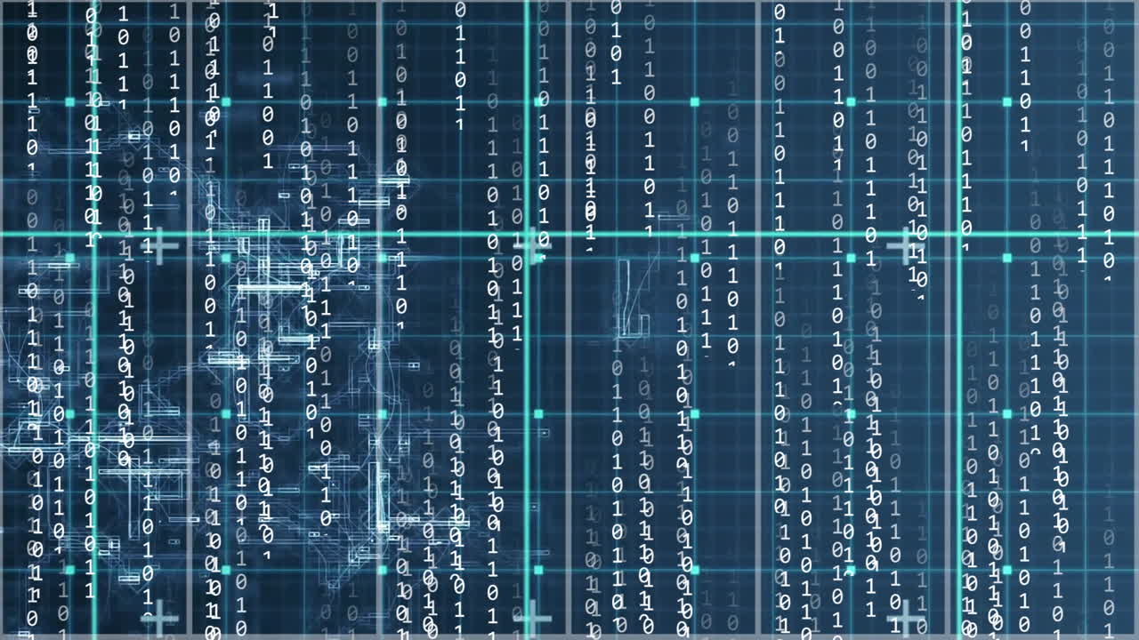 Animation of binary data processing and network of connections over grid on dark background