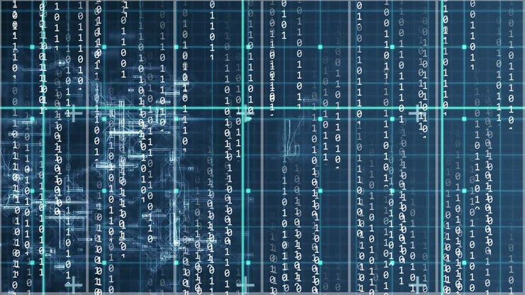Animation of binary data processing and network of connections over grid on dark background