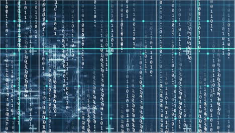 animation of binary data processing and network of connections over grid on dark background