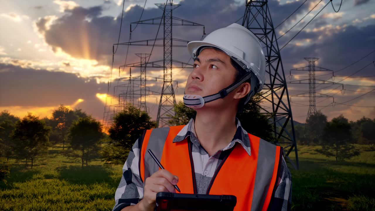 Engenheiro inspecionando linhas de energia e torres de transmissão ao pôr do sol