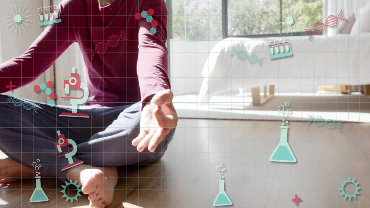 Man sitting near window, releasing mudra and extending arms, starting science icons showing health