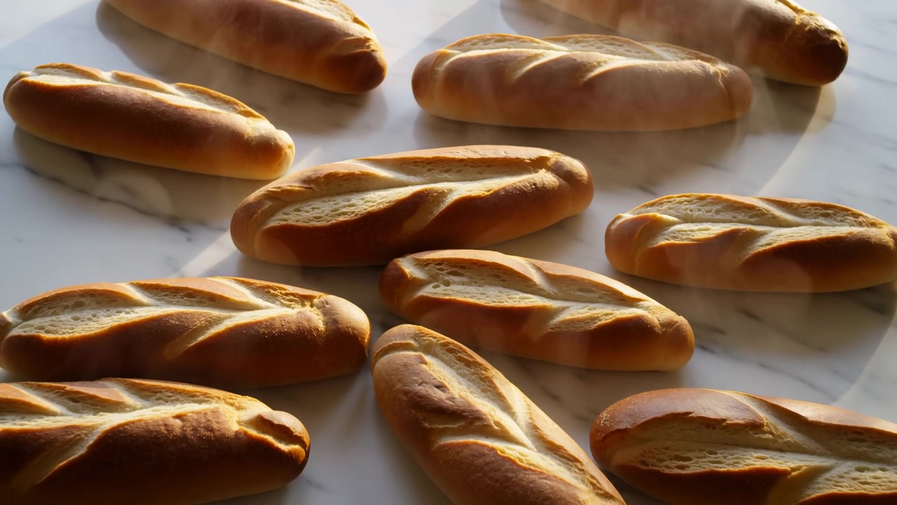 Diverse baguette appena sfornate giacciono diagonalmente su marmo bianco-grigio freddo, mentre sottili volute di vapore si alzano dalle croste calde, suggerendo pane appena sfornato in una luce laterale soffusa con un aspetto appetitoso.