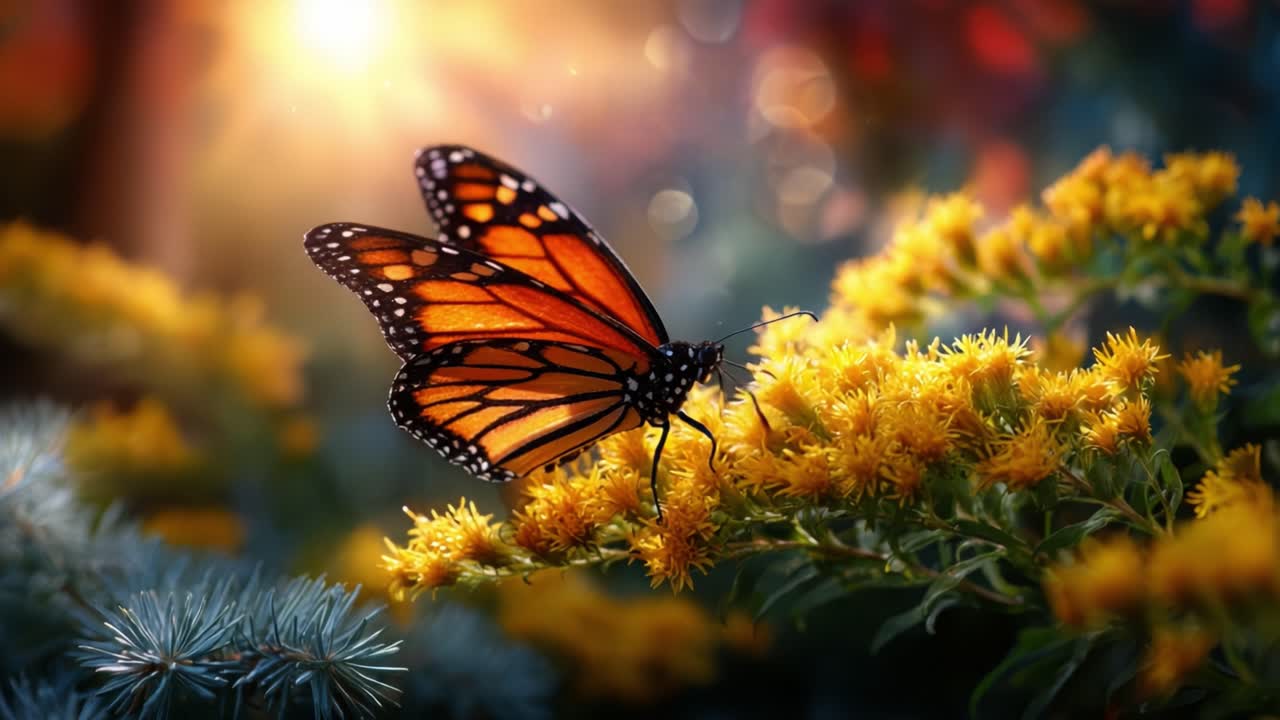 Una vivace farfalla monarca si posa senza sforzo su fiori di campo giallo brillante, catturando la bellezza della natura in un bagliore dorato all'alba