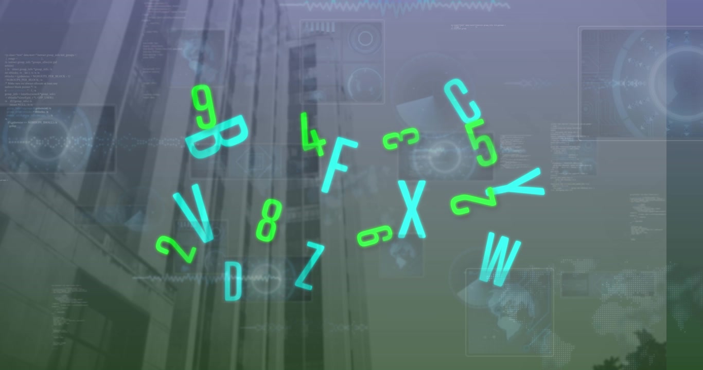 Animation of numbers, letters and data processing over modern office buildings