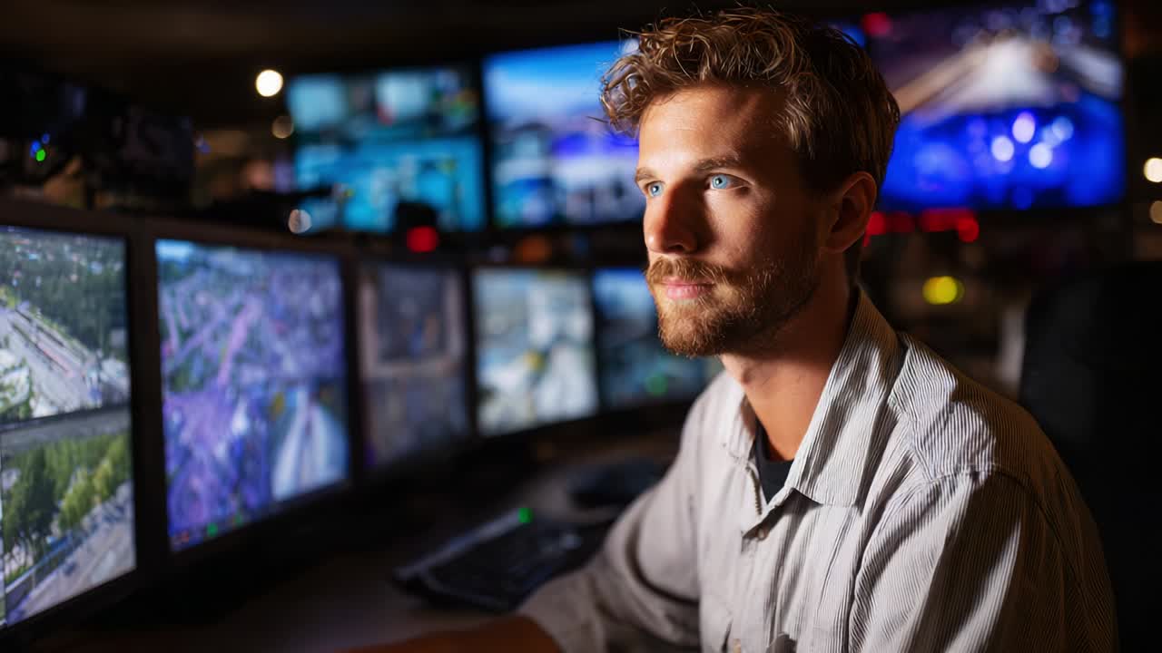 Focused Individual Monitoring Multiple Screens in a Control Room, Highlighting the Intensity and Responsibility of Surveillance and Data Analysis in a High-Tech Environment