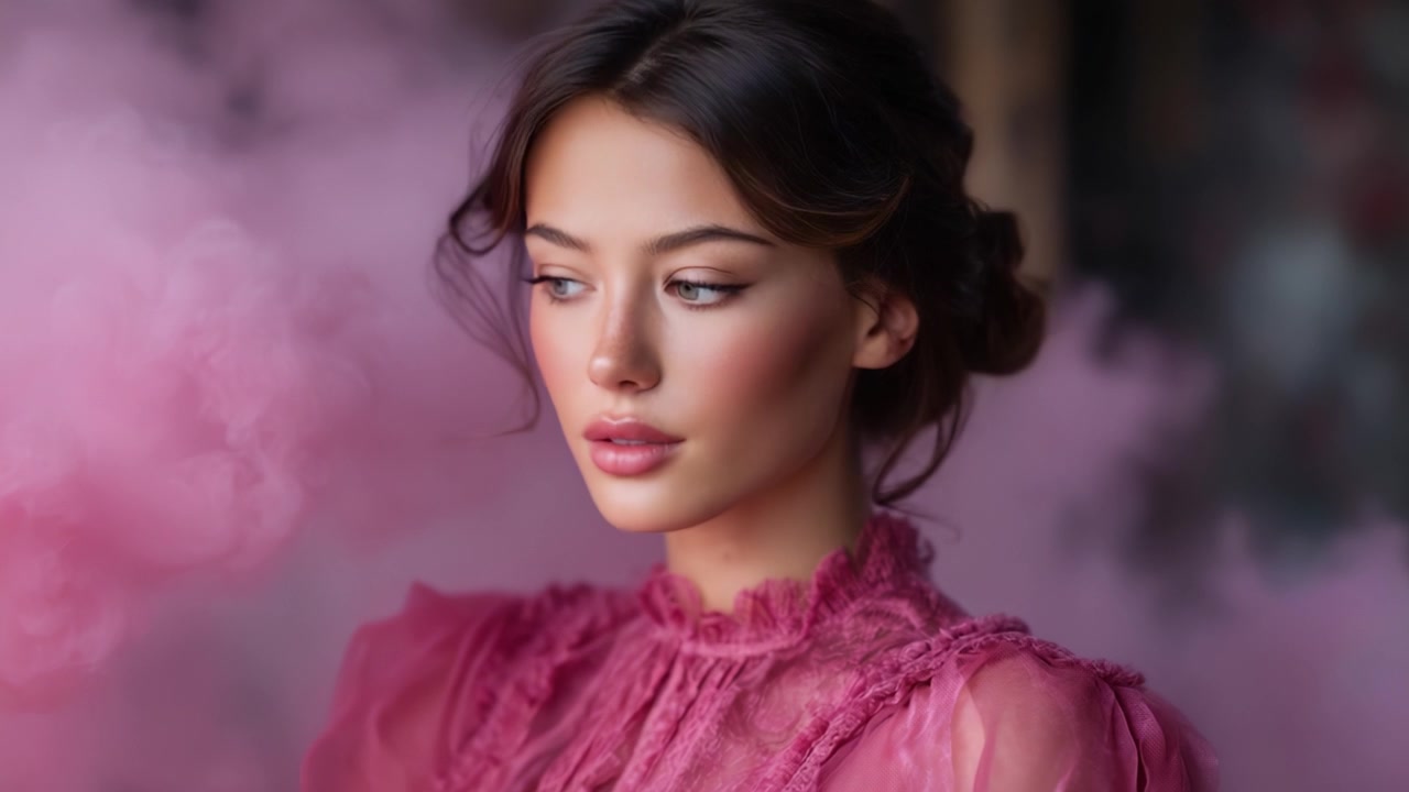 Un ritratto di eleganza: giovane donna affascinante con lineamenti delicati circondata da fumo rosa, che emana bellezza e serenità in un'atmosfera sognante.