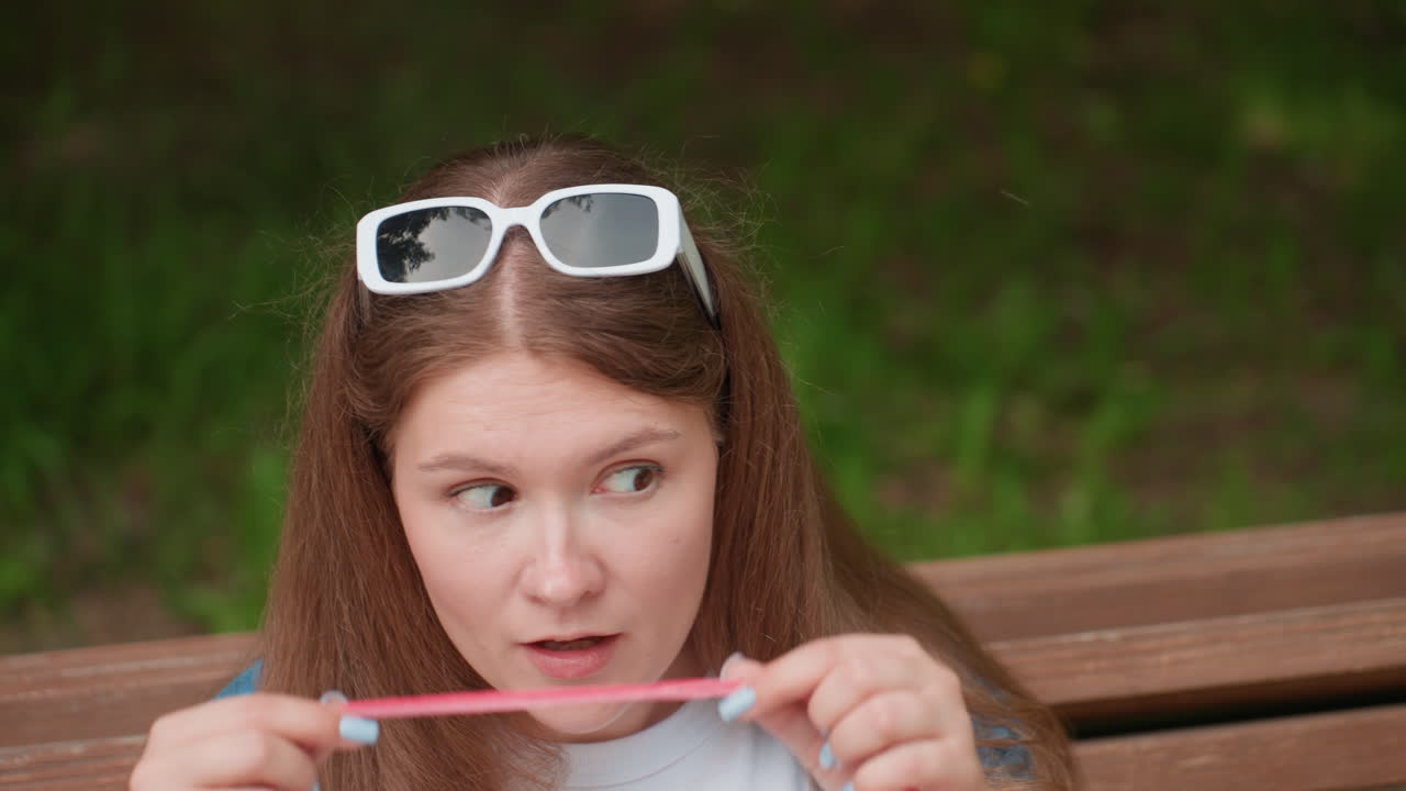 Close up of college student sitting outdoors holding pink thread under nose pretending mustache while turning eyes playfully upward as thread slips off, surrounded by lush green background