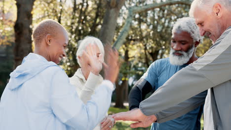 grupo de ciudadanos de edad avanzada alto cinco después de hacer ejercicio en el parque